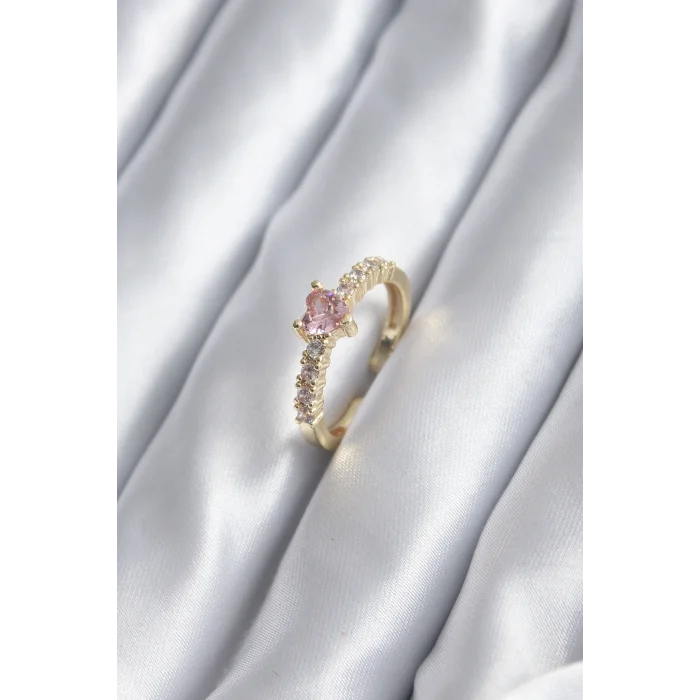BUĞZ Gold Renk Zirkon Taşlı Pembe Kristal Kalp Model Kadın Yüzük