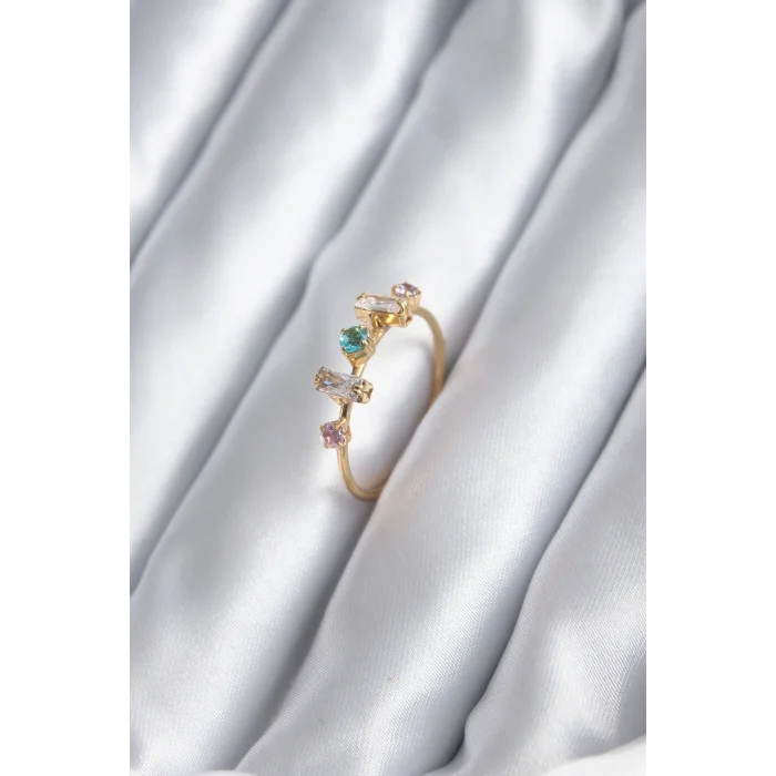 BUĞZ Gold Renk Zirkon Taşlı Renkli Zirkon Taşlı Kadın Yüzük