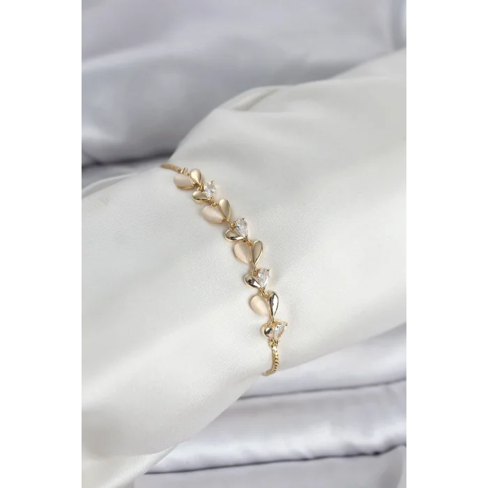 BUĞZ Gold Renk Zirkon Taşlı Sıralı Damla Model Asansörlü Kadın Bileklik