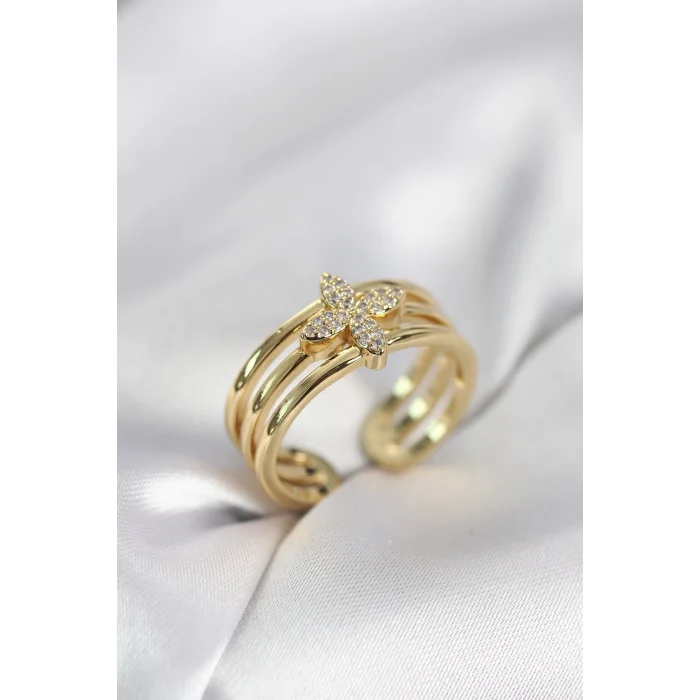 BUĞZ Gold Renk Zirkon Taşlı Yonca Model Kadın Yüzük