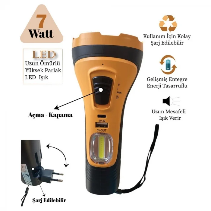 BUĞZ Gold Silver Gs-4275 7 Watt Cob Aydınlatmalı Şarjlı El Feneri