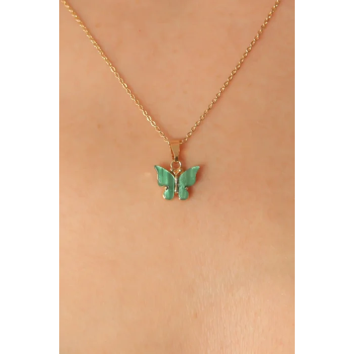 BUĞZ Gold Yeşil Renk Kelebek Figür Kadın Kolye