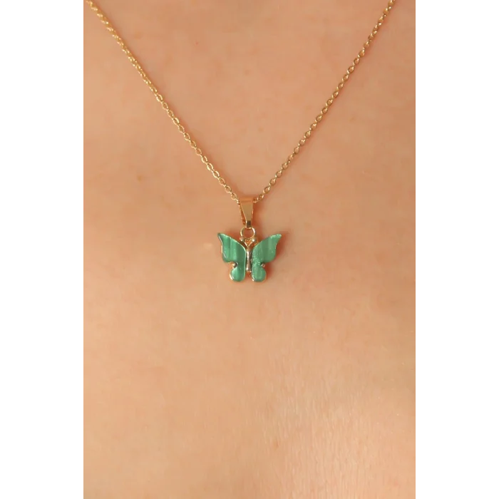 BUĞZ Gold Yeşil Renk Kelebek Figür Kadın Kolye - BUĞZ