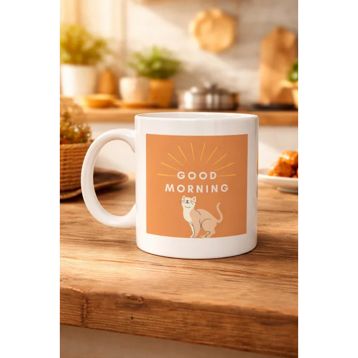 BUĞZ Good Morning Kedi Desenli Porselen Kupa MODEL 72 – Sevimli Kedi Figürlü, Kahve & Çay Kupası, Hediyelik Porselen Bardak