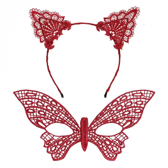  Gösterişli Kırmızı Dantel Maske ve Taç Seti 7 No – Masquerade ve Davetler için