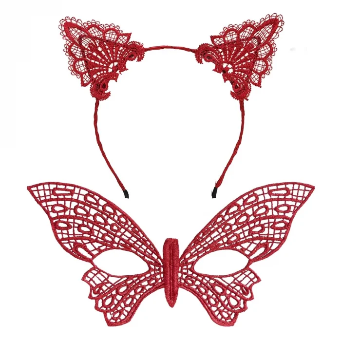 BUĞZ Gösterişli Kırmızı Dantel Maske Ve Taç Seti 7 No – Masquerade Ve Davetler İçin - Lisinya