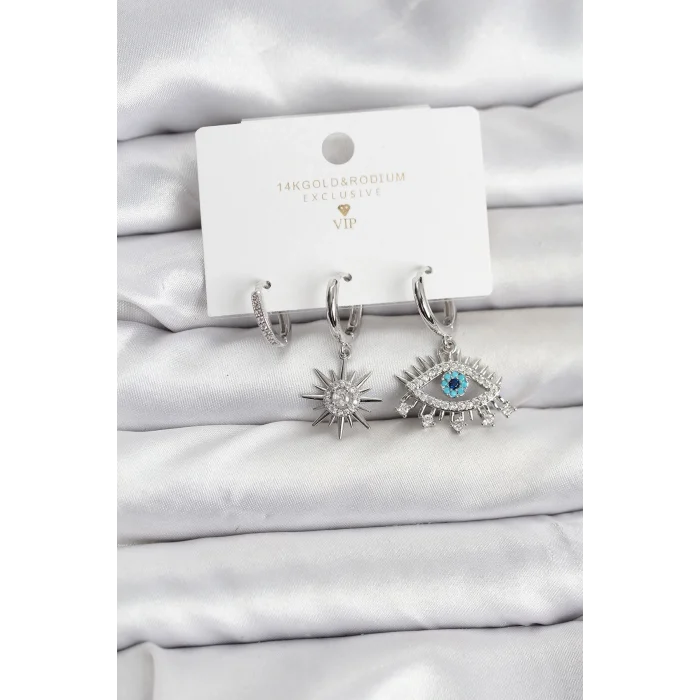 BUĞZ Göz Model Gümüş Renk Pirinç 3lü Kadın Küpe Seti