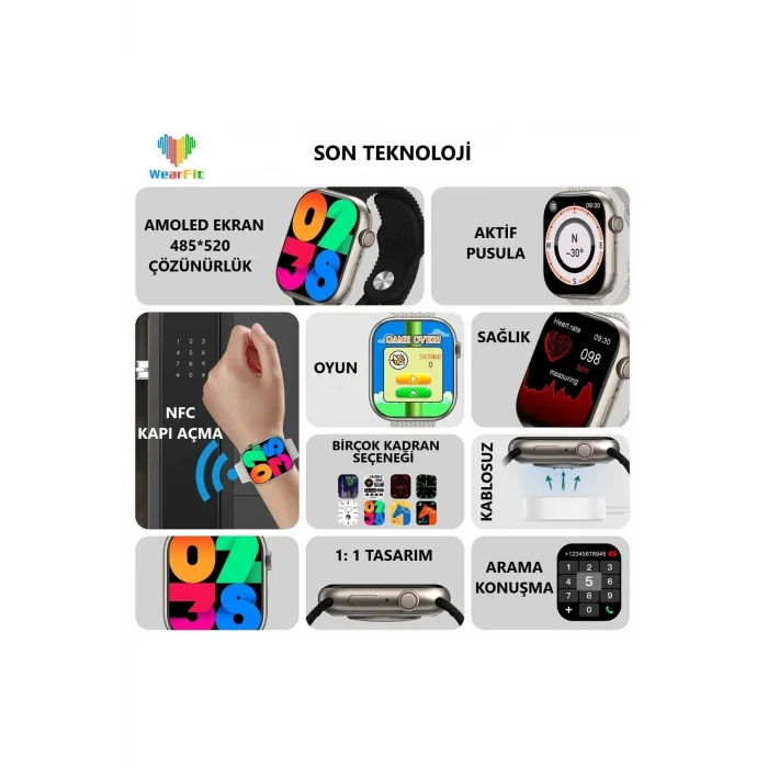 BUĞZ Gri Akıllı Saat, AMOLED Ekranlı, Nabız ve Uyku Takibi Özellikli, 3 Adet Siyah Silikon Kordonlu