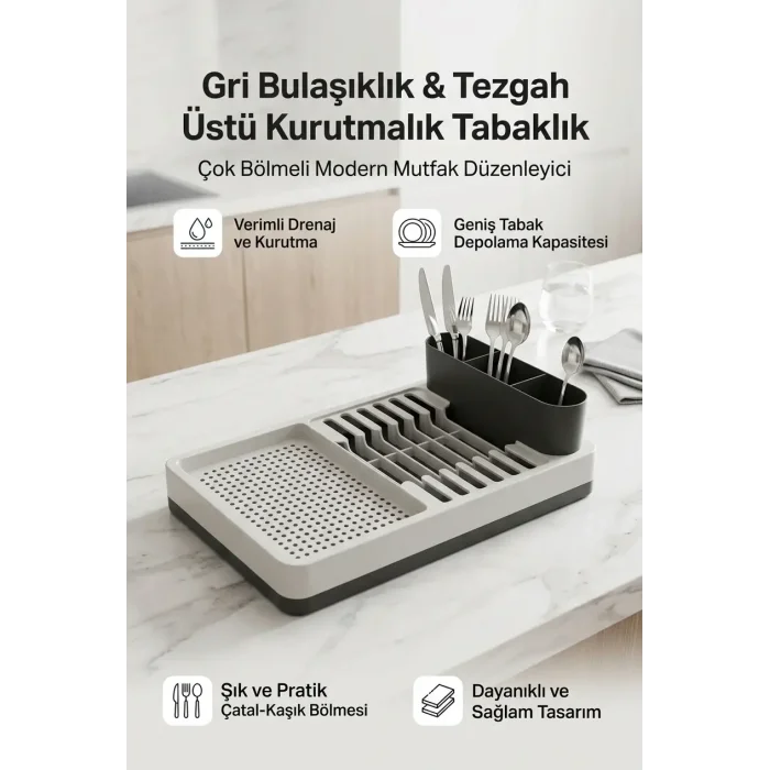 BUĞZ Gri Bulaşıklık Tabaklık Bardaklık Kaşıklık Tezgah Üstü Mutfak Organizeri Standı