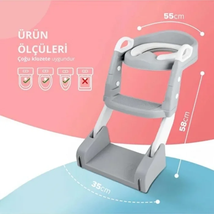 BUĞZ Gri Merdivenli Çocuk Klozet Tuvalet Eğitimi Aparatı