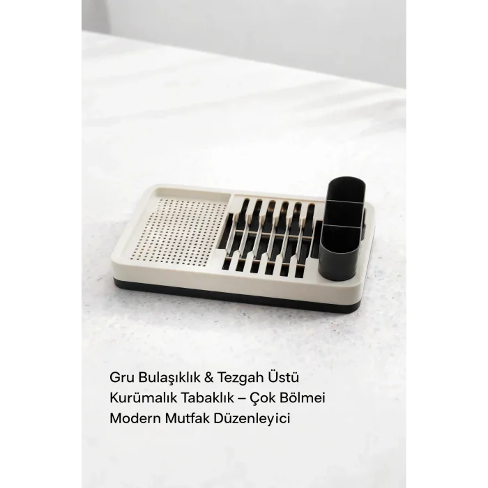 BUĞZ Gri Mutfak Bulaşıklığı Tezgah Üstü Tabaklık Bardaklık Kaşıklık Kurutma Standı