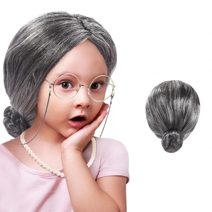 BUĞZ Gri Renk Yaşlı Peruğu Takma Saç Büyükanne Peruğu Yetişkin Çocuk Uyumlu