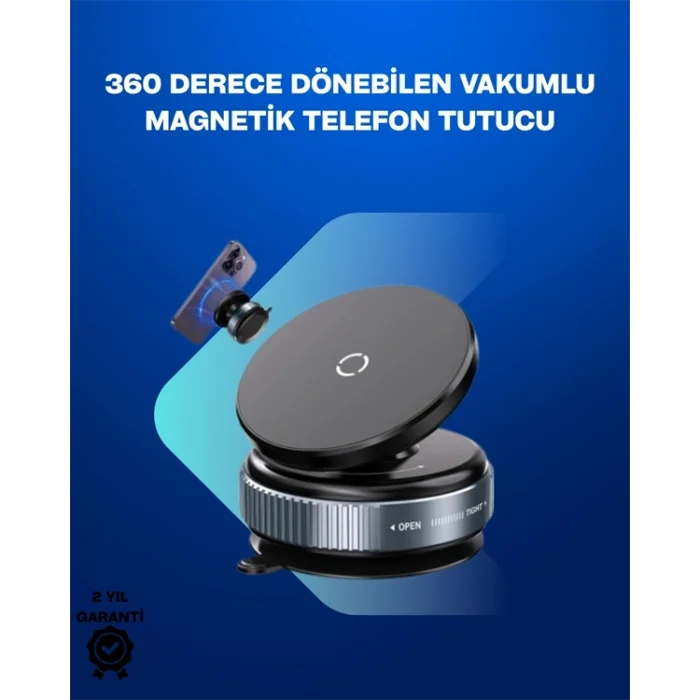 BUĞZ Güçlü Manyetik Tutuşlu 360° Döner Araç Telefon Tutucu – Vakumlu Montajlı