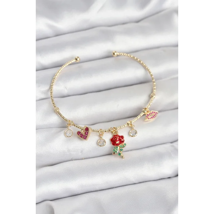 BUĞZ Gül Charmlı Gold Renk Pirinç Kadın Bileklik