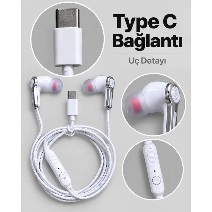 BUĞZ Gümüş Detaylı Silikon Başlıklı Type C Kablolu Kulaklık - BUĞZ