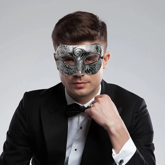  Gümüş Eskitme Yüz Maskesi - Antik Tarz Balo Maskesi