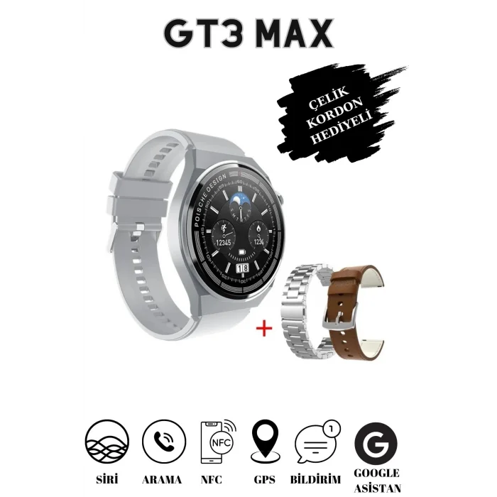 BUĞZ Gümüş Kasa ve Siyah Silikon Kordonlu Akıllı Saat, GPS, Nabız ve Uyku Takibi Özellikli