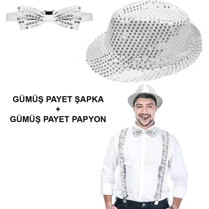  Gümüş Payetli Şapka ve Papyon Seti – Parıltılı Yetişkin Kostüm Seti
