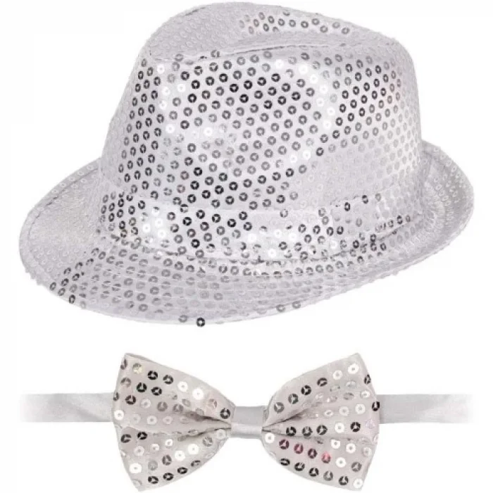  Gümüş Payetli Şapka ve Papyon Seti – Parıltılı Yetişkin Kostüm Seti