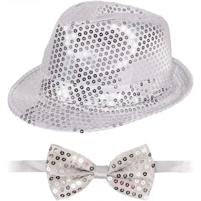  Gümüş Payetli Şapka ve Papyon Seti – Parıltılı Yetişkin Kostüm Seti
