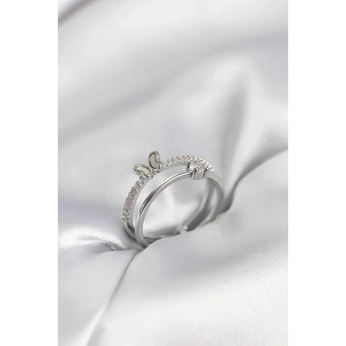 BUĞZ Gümüş Renk 2li Zirkon Taşlı Kelebek Model Kadın Yüzük