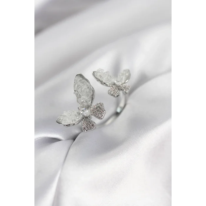 BUĞZ Gümüş Renk Beyaz Kelebek Model Zirkon Taşlı Kadın Yüzük