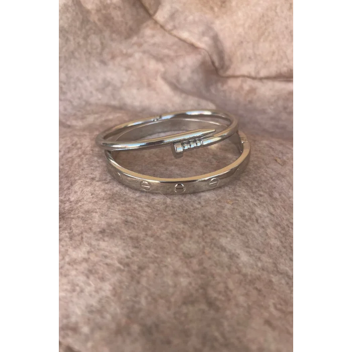 BUĞZ Gümüş Renk Çivi Kombin Bileklik Seti 2 Adet