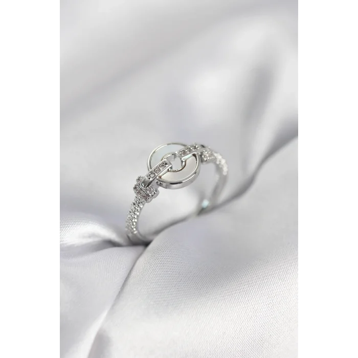 BUĞZ Gümüş Renk Daire Form Sedef ve Zirkon Taşlı Kadın Yüzük