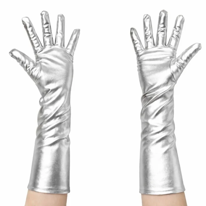 BUĞZ Gümüş Renk Dirsek Altı Lüks Saten Eldiven 40 Cm