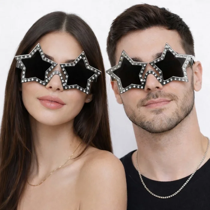 BUĞZ Gümüş Renk Disko Yıldızı Retro Parti Gözlüğü 16x7 Cm
