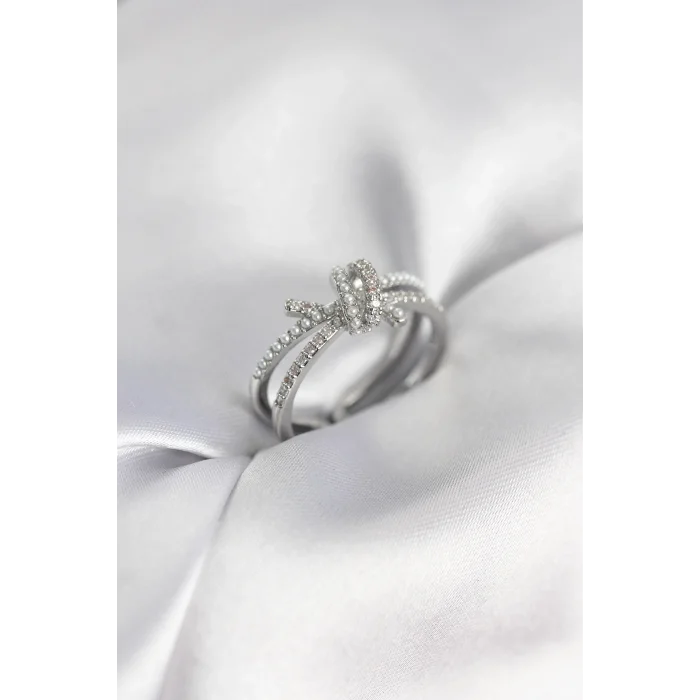 BUĞZ Gümüş Renk İncili Zirkon Taşlı Düğüm Kadın Yüzük