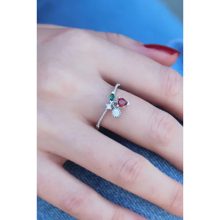 BUĞZ Gümüş Renk Kiraz Model Zirkon Taşlı Kadın Yüzük