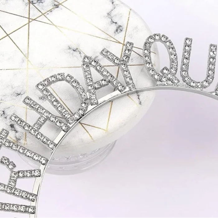  Gümüş Renk Kristal Taşlı Parlak Birthday Queen Yazılı Kraliçe Taç 16x17 cm