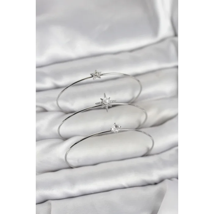 BUĞZ Gümüş Renk Kutup Yıldızı Model Zirkon Taşlı 3lü Kadın Bileklik Kombini