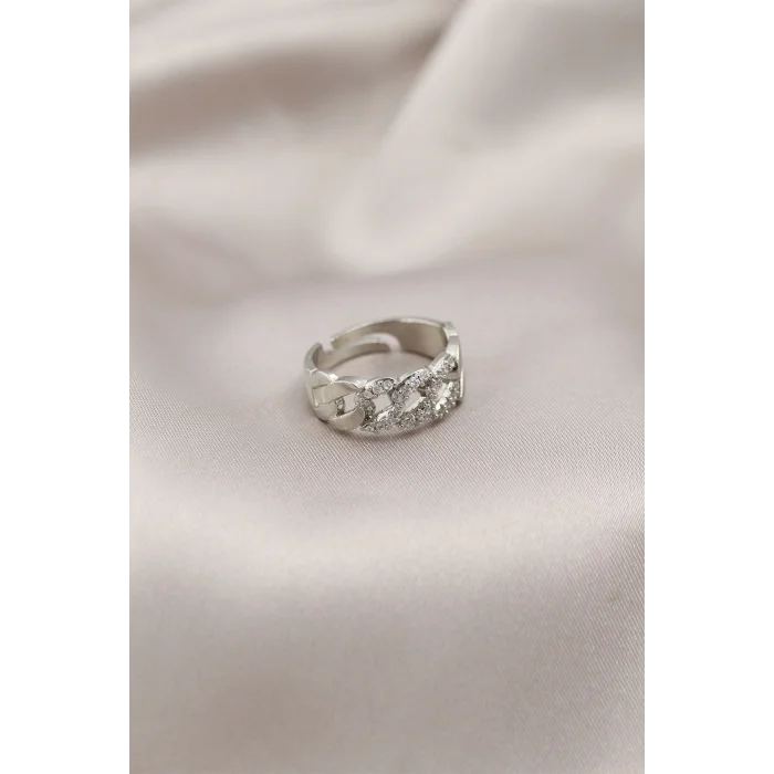 BUĞZ Gümüş Renk Metal Zincir Model Taşlı Kadın Yüzük