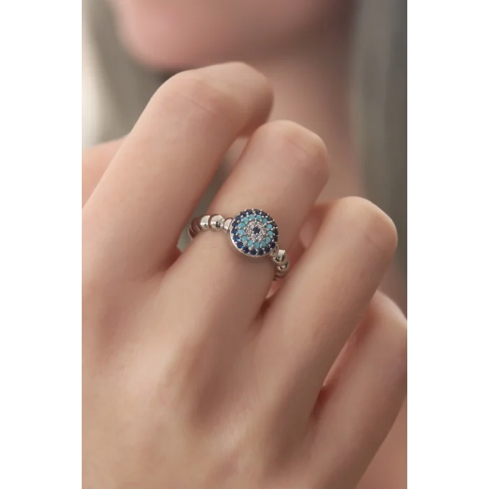 BUĞZ Gümüş Renk Nazar Boncuk Figür Zirkon Taş Detay Kadın Yüzük