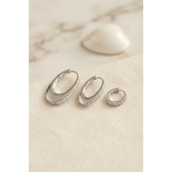 BUĞZ Gümüş Renk Oval Halka Model Zirkon Taşlı 3 lü Küpe Set