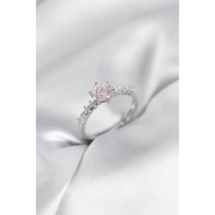 BUĞZ Gümüş Renk Pembe Tek Taş Model Zirkon Taşlı Kadın Yüzük