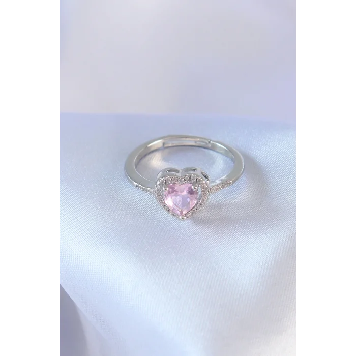 BUĞZ Gümüş Renk Pembe Zirkon Taşlı Kalp Charm Model Pirinç Kadın Yüzük - BUĞZ