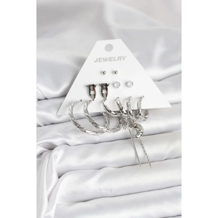 BUĞZ Gümüş Renk Pirinç 6lı Kadın Küpe Seti