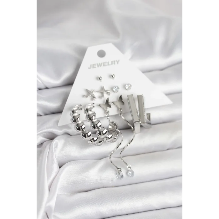 BUĞZ Gümüş Renk Pirinç 6lı Kadın Küpe Seti