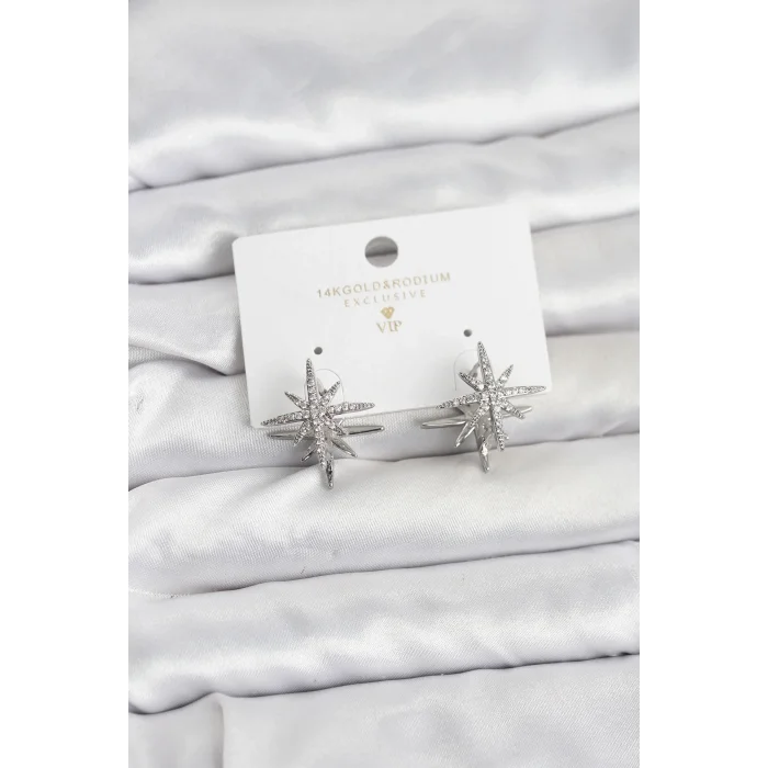 BUĞZ Gümüş Renk Pirinç Çift Taraflı Kutup Yıldızı Kadın Küpe