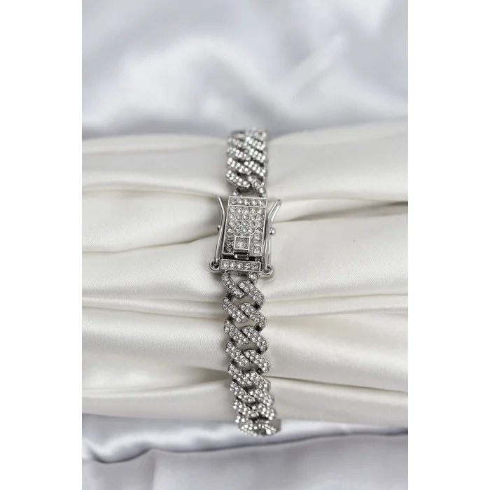 BUĞZ Gümüş Renk Pirinç Cuba Chain Gurmet Bileklik - Lisinya