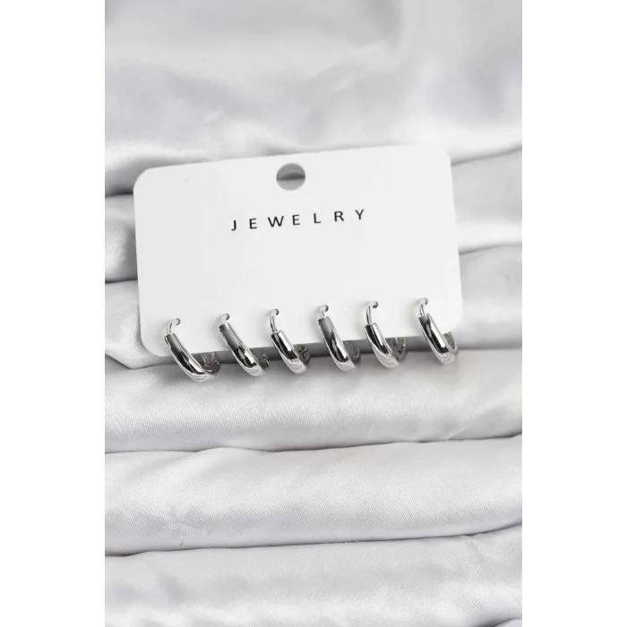 BUĞZ Gümüş Renk Pirinç Halka Kadın Küpe Seti