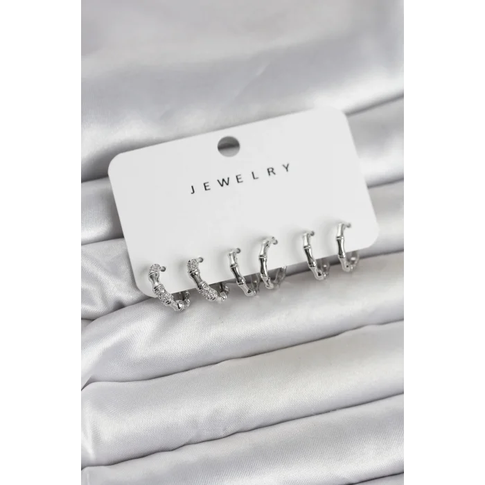 BUĞZ Gümüş Renk Pirinç Kemik Model 3 Çift Kadın Küpe Seti