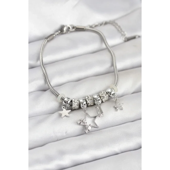 BUĞZ Gümüş Renk Pirinç Yıldız Model Charmlı Kadın Bileklik