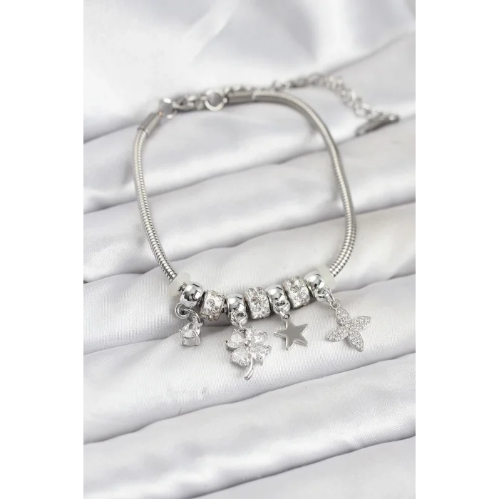 BUĞZ Gümüş Renk Pirinç Yonca Charmlı Kadın Bileklik