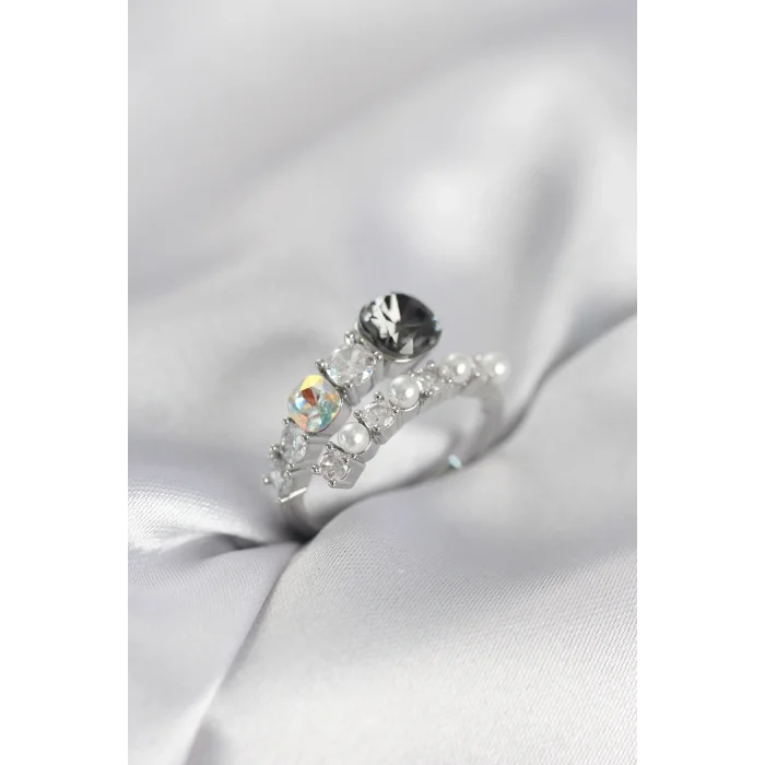 BUĞZ Gümüş Renk Pirinç Zirkon Taşlı İncili Kadın Yüzük