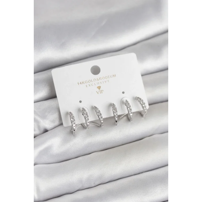 BUĞZ Gümüş Renk Pirinç Zirkon Taşlı Kadın Küpe