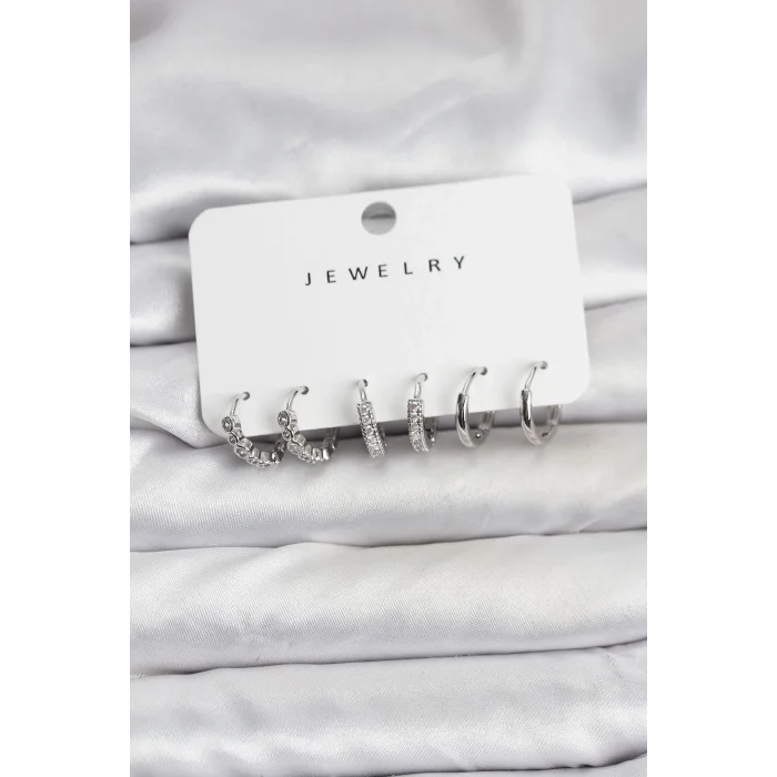 BUĞZ Gümüş Renk Pirinç Zirkon Taşlı Kadın Küpe Seti